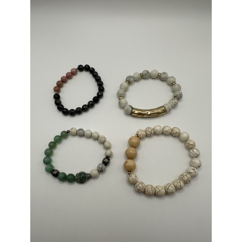 Set Of 4 Multi Color Natural Stone Beaded Stretch Bracelets Size 6-7.25